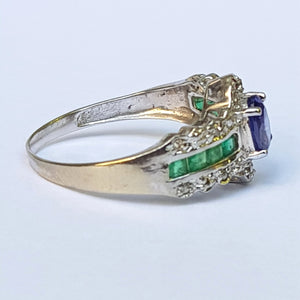 10k White Gold Tanzanite Emerald And Diamond Cocktail Ring Size UK N 1/2 Vintage Circa 2000