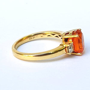 18k Yellow Gold Fire Opal And Diamond Trilogy Ring Size UK O 1/2 Circa 2015