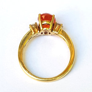 18k Yellow Gold Fire Opal And Diamond Trilogy Ring Size UK O 1/2 Circa 2015