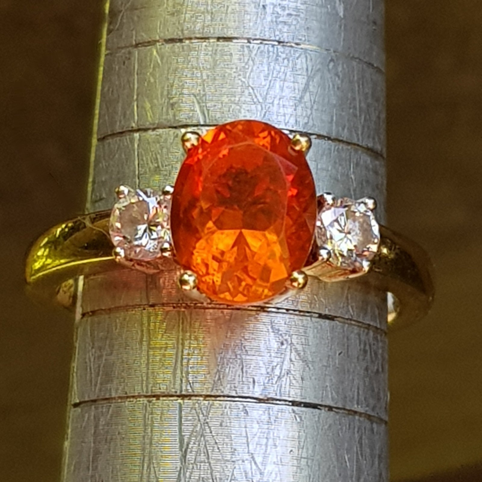 18k Yellow Gold Fire Opal And Diamond Trilogy Ring Size UK O 1/2 Circa 2015
