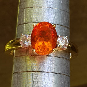 18k Yellow Gold Fire Opal And Diamond Trilogy Ring Size UK O 1/2 Circa 2015