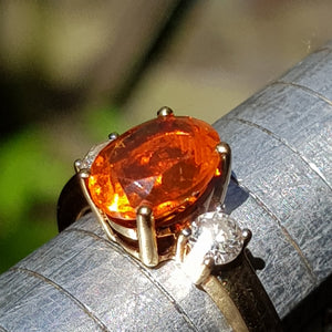 18k Yellow Gold Fire Opal And Diamond Trilogy Ring Size UK O 1/2 Circa 2015