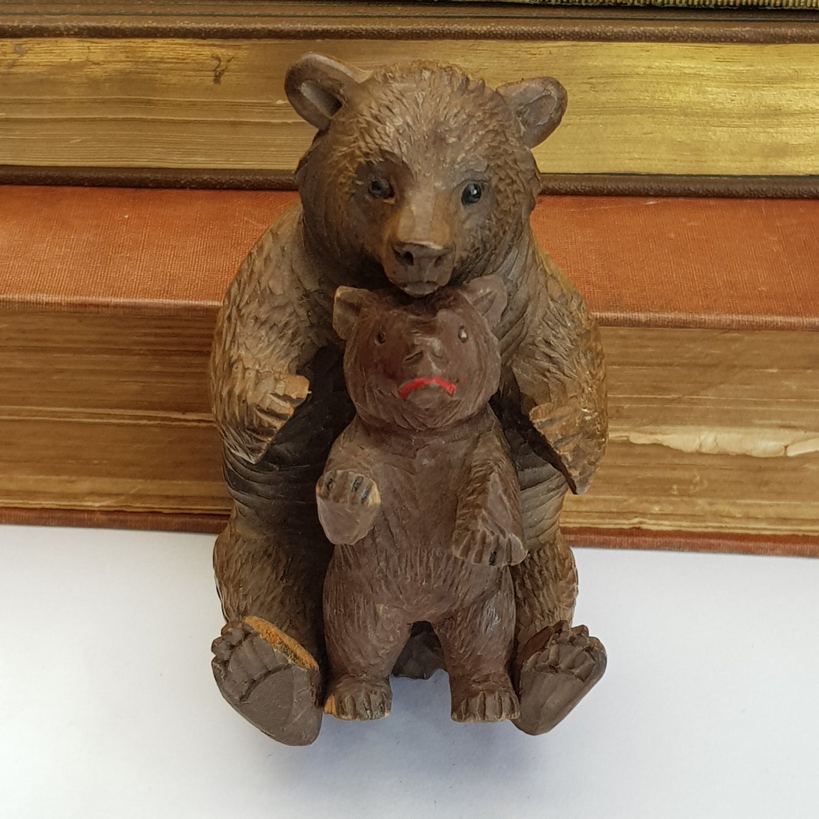 Rare Black Forest Carved Elm Wood Mother And Baby Bear Figure Duo Antique circa 1900
