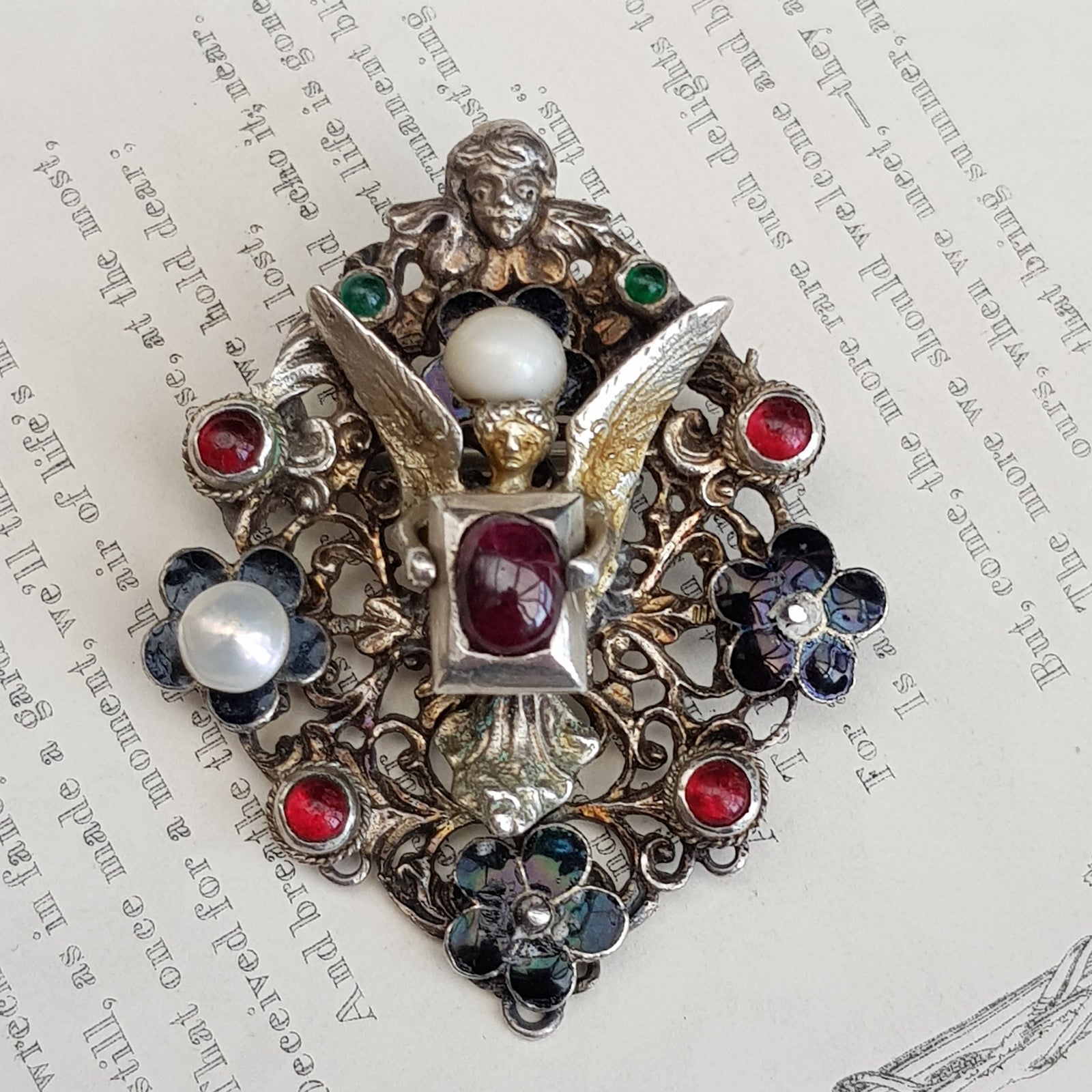 Austro Hungarian Silver Gem Stone Pearl Set Herald Angel Brooch Antique c1890
