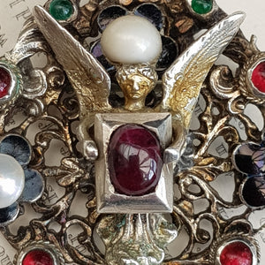 Austro Hungarian Silver Gem Stone Pearl Set Herald Angel Brooch Antique c1890