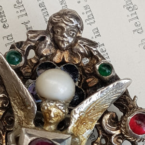 Austro Hungarian Silver Gem Stone Pearl Set Herald Angel Brooch Antique c1890