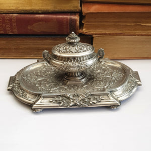 French Solid Silver Urn Style Foliate Repousse Detailed Desk Inkwell Antique circa 1890