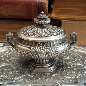 French Solid Silver Urn Style Foliate Repousse Detailed Desk Inkwell Antique circa 1890