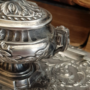 French Solid Silver Urn Style Foliate Repousse Detailed Desk Inkwell Antique circa 1890
