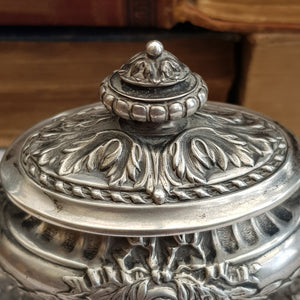 French Solid Silver Urn Style Foliate Repousse Detailed Desk Inkwell Antique circa 1890