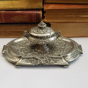 French Solid Silver Urn Style Foliate Repousse Detailed Desk Inkwell Antique circa 1890