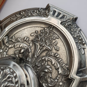 French Solid Silver Urn Style Foliate Repousse Detailed Desk Inkwell Antique circa 1890