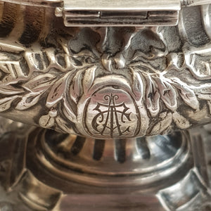 French Solid Silver Urn Style Foliate Repousse Detailed Desk Inkwell Antique circa 1890