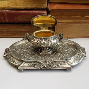 French Solid Silver Urn Style Foliate Repousse Detailed Desk Inkwell Antique circa 1890