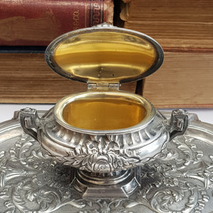 French Solid Silver Urn Style Foliate Repousse Detailed Desk Inkwell Antique circa 1890