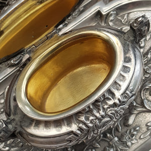 French Solid Silver Urn Style Foliate Repousse Detailed Desk Inkwell Antique circa 1890