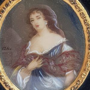 Superb Gouache Painted Miniature Of Rococo Lady In Frame Antique circa 1850's
