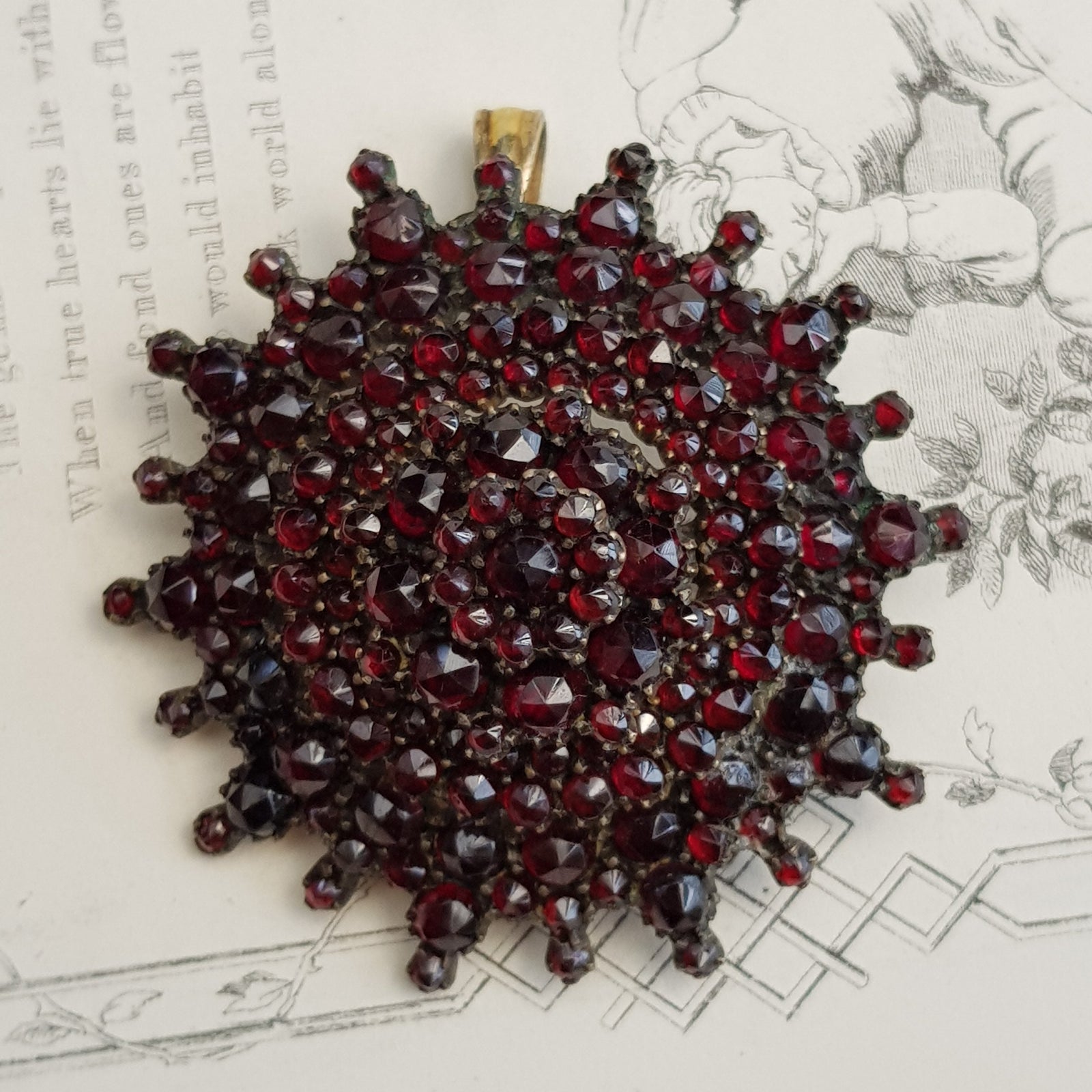 Large Gilded Bohemian Garnet Floral Cluster Brooch Pendant Antique circa 1890