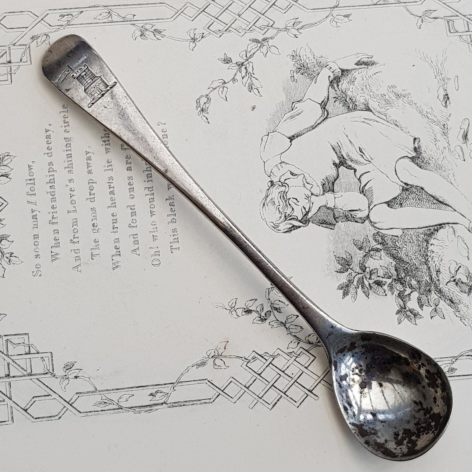 Sterling Siver Mustard Spoon Folly Tower Crested P & W Bateman London Antique circa 1811