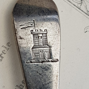 Sterling Siver Mustard Spoon Folly Tower Crested P & W Bateman London Antique circa 1811