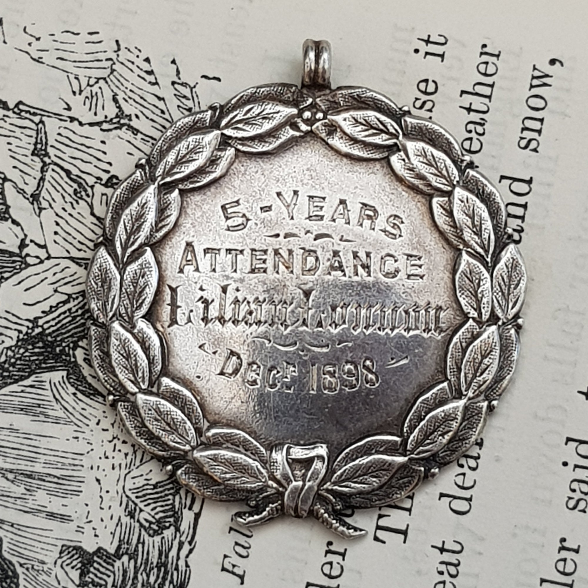 Sterling Silver Oak Laurel Pattern Attendance Medal Named Antique Birmingham circa 1898