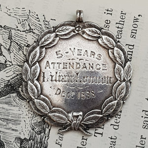 Sterling Silver Oak Laurel Pattern Attendance Medal Named Antique Birmingham circa 1898