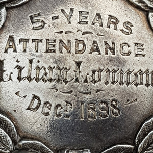 Sterling Silver Oak Laurel Pattern Attendance Medal Named Antique Birmingham circa 1898