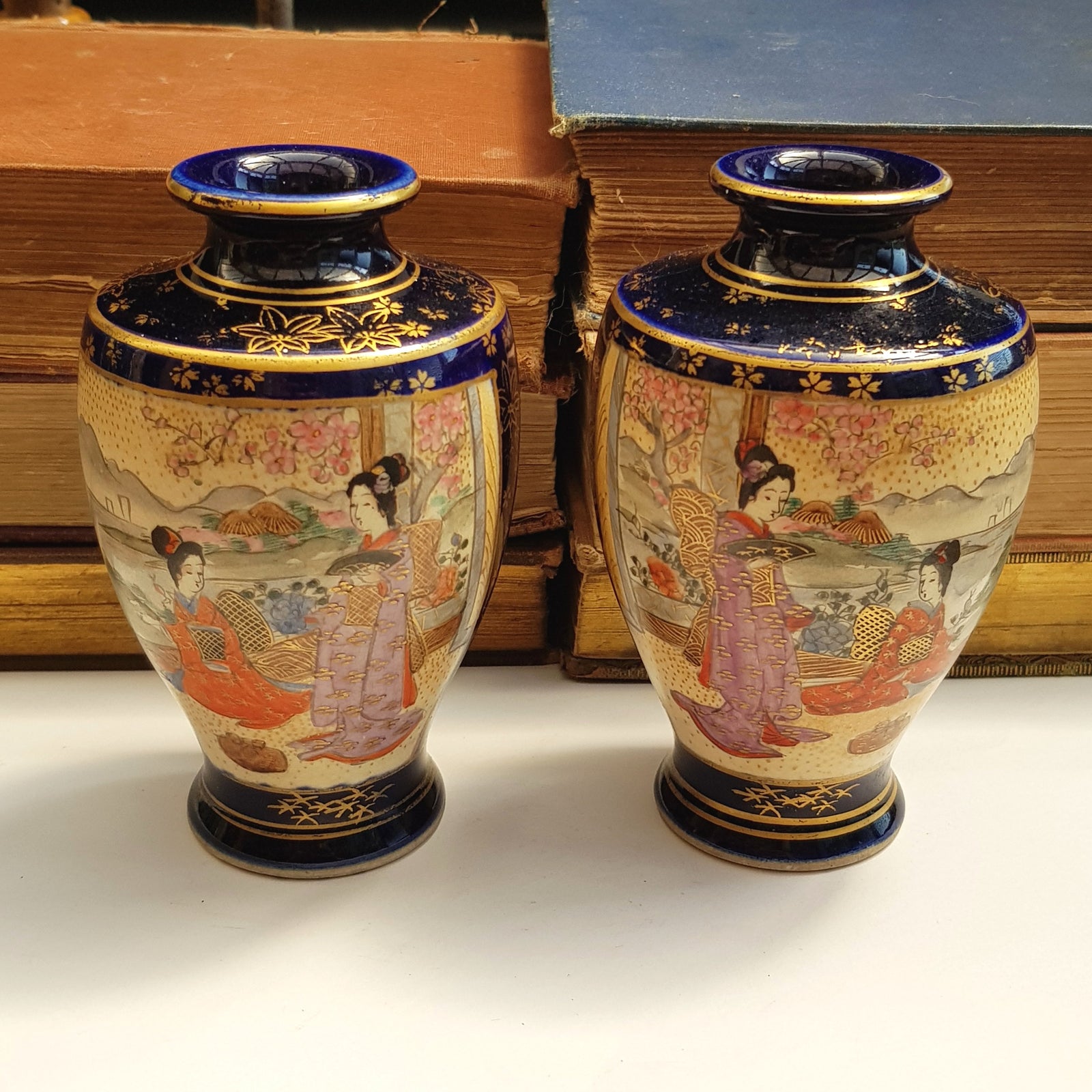 Japanese Pair Of Geisha & Garden Panel Hand Painted Satsuma Porcelain Vases Antique Meiji circa 1910