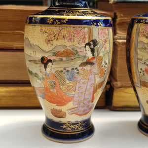 Japanese Pair Of Geisha & Garden Panel Hand Painted Satsuma Porcelain Vases Antique Meiji circa 1910