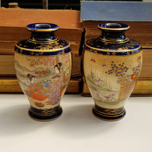 Japanese Pair Of Geisha & Garden Panel Hand Painted Satsuma Porcelain Vases Antique Meiji circa 1910