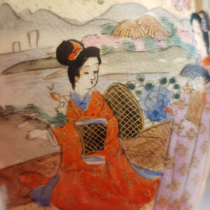 Japanese Pair Of Geisha & Garden Panel Hand Painted Satsuma Porcelain Vases Antique Meiji circa 1910