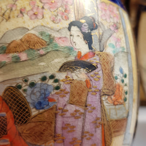 Japanese Pair Of Geisha & Garden Panel Hand Painted Satsuma Porcelain Vases Antique Meiji circa 1910