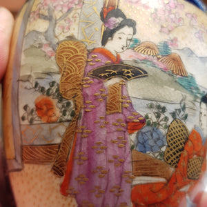 Japanese Pair Of Geisha & Garden Panel Hand Painted Satsuma Porcelain Vases Antique Meiji circa 1910