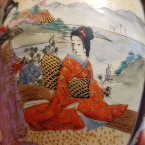 Japanese Pair Of Geisha & Garden Panel Hand Painted Satsuma Porcelain Vases Antique Meiji circa 1910