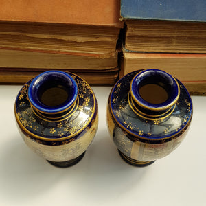 Japanese Pair Of Geisha & Garden Panel Hand Painted Satsuma Porcelain Vases Antique Meiji circa 1910