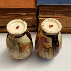 Japanese Pair Of Geisha & Garden Panel Hand Painted Satsuma Porcelain Vases Antique Meiji circa 1910