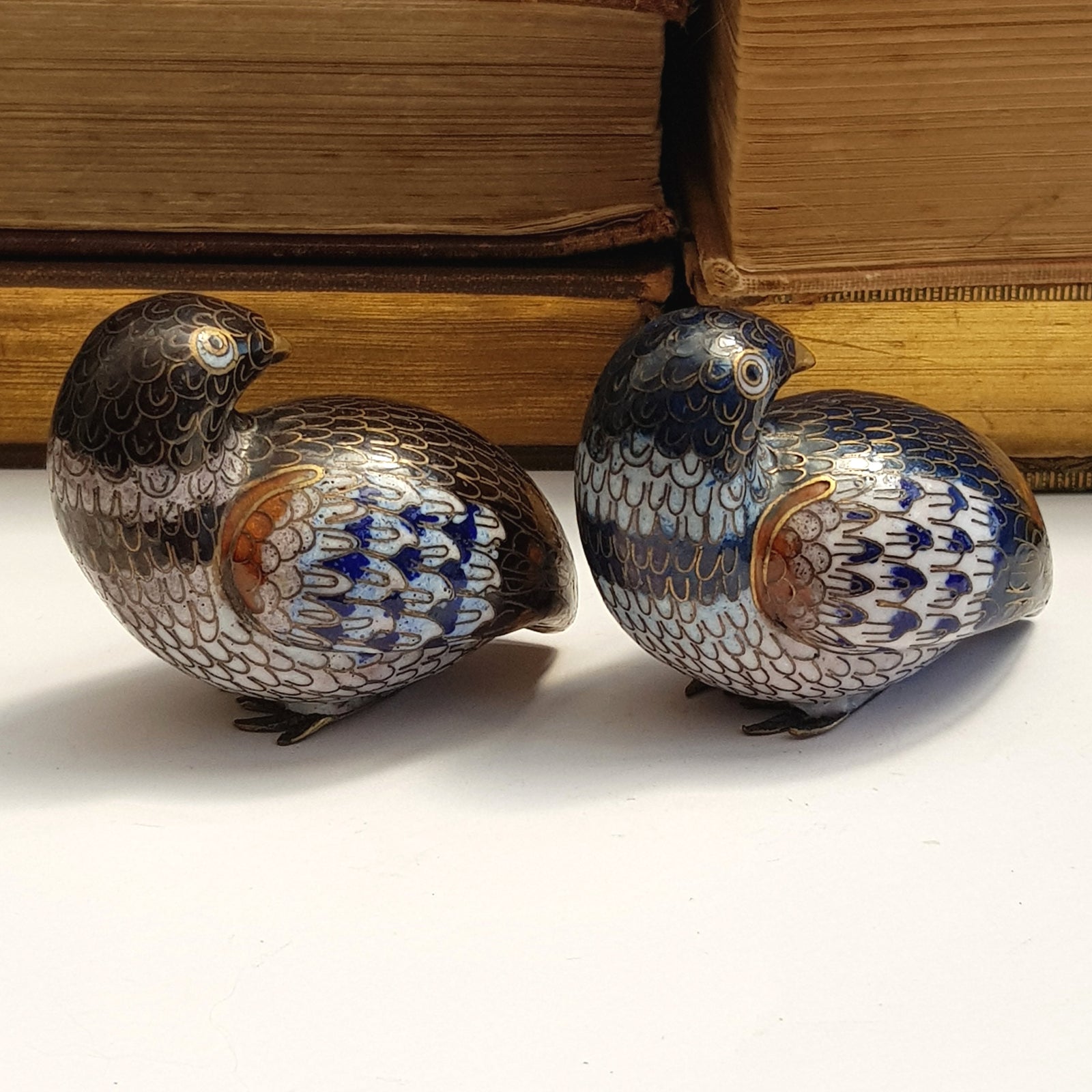 Good Pair Of Chinese Miniature Cloisonne Quail Bird Figurines Antique circa 1910