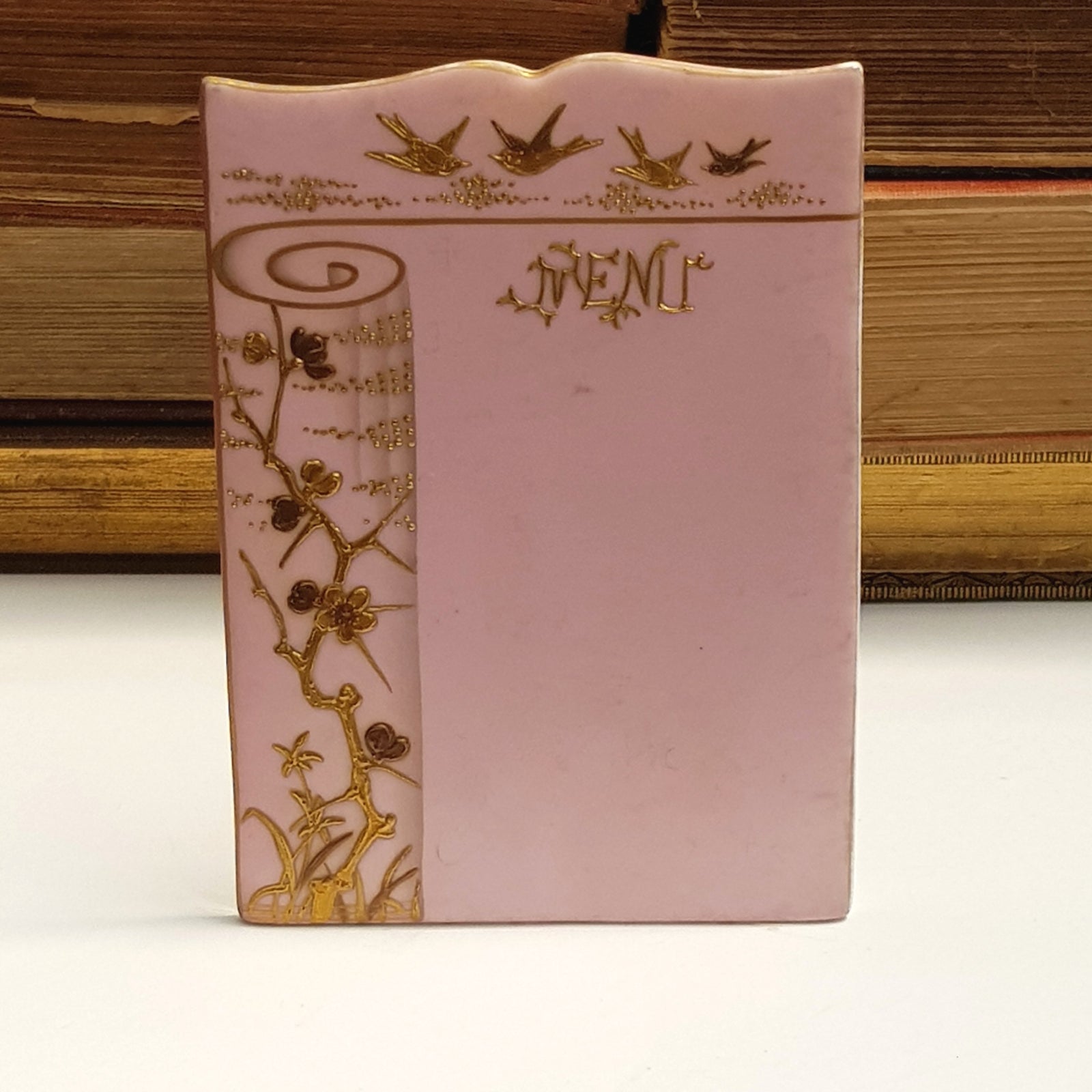 Rare Pointons Blush Glazed Gold Blossom Bird Decorated Table Menu Antique c1920