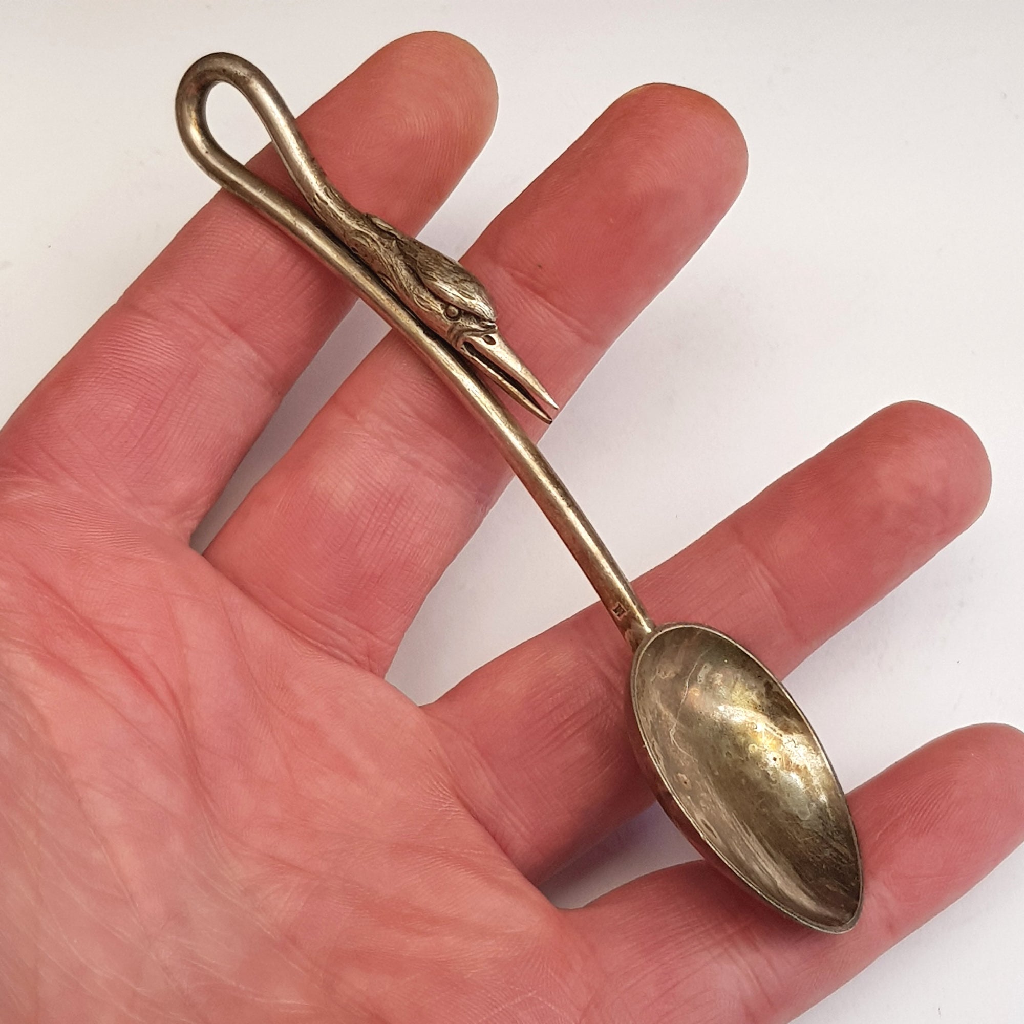 Rare Sterling Silver Heron Figure Handled Tea Spoon Antique London Import circa 1924