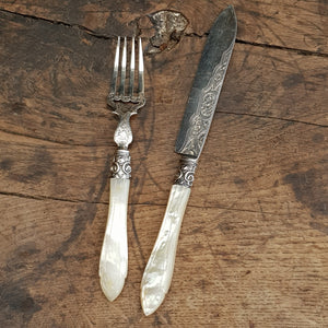 Superb Sterling Silver Mother Of Pearl Handled Fruit Cutlery Duo Birmingham circa 1870