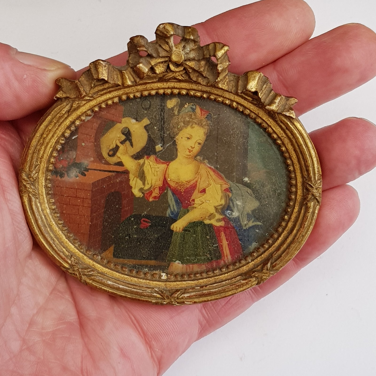 Gouache On Board Miniature Painting Of Girl At Blacksmiths Forge Antique Georgian circa 1820