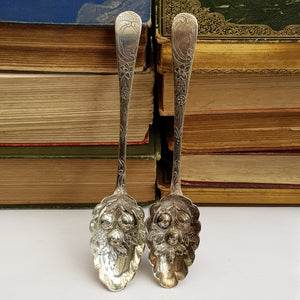 Sterling Silver Rare Pair Of Repousse Berry Spoons Antique Georgian London circa 1765