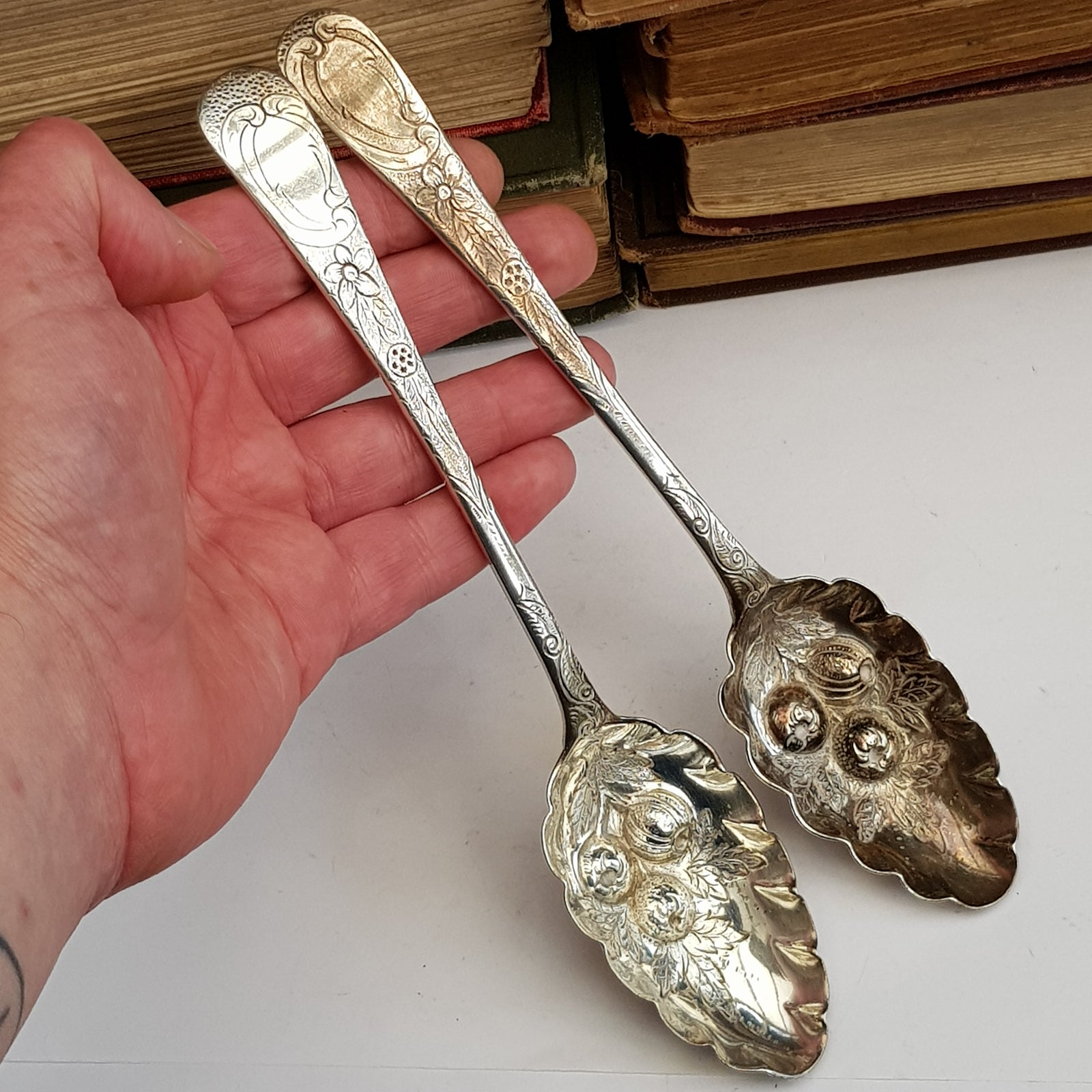 Sterling Silver Rare Pair Of Repousse Berry Spoons Antique Georgian London circa 1765