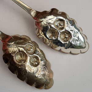 Sterling Silver Rare Pair Of Repousse Berry Spoons Antique Georgian London circa 1765