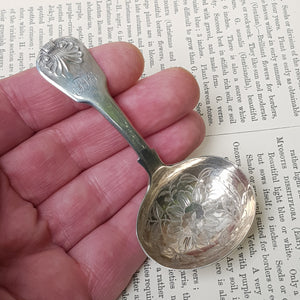 Sterling Silver Shelled Fiddle Pattern Tea Caddy Spoon With Flora Chased Bow Antique Georgian London Circa 1825