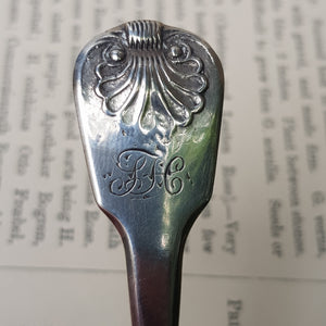 Sterling Silver Shelled Fiddle Pattern Tea Caddy Spoon With Flora Chased Bow Antique Georgian London Circa 1825