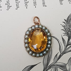 9k Gold Mounted Citrine And Pearl Pendant Antique Victorian Circa 1870