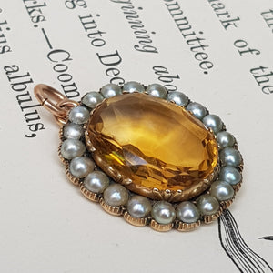 9k Gold Mounted Citrine And Pearl Pendant Antique Victorian Circa 1870