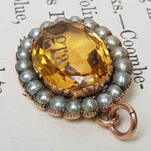 9k Gold Mounted Citrine And Pearl Pendant Antique Victorian Circa 1870