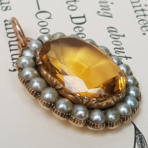 9k Gold Mounted Citrine And Pearl Pendant Antique Victorian Circa 1870